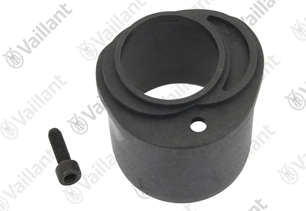 Vaillant Adapter aus schwarzem Material mit kreisförmiger Öffnung und seitlichem Loch, neben einer kleinen Schraube.